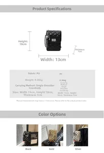 Size chart and details of the quilted crossbody bag with metal chain and PU material