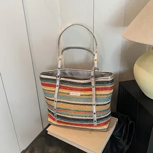 Women Rainbow Striped Woven Tote Bag Bohemian Straw Shoulder Bag With Silver Adjustable Grommet Strap Large Capacity Beach Vacation Bag