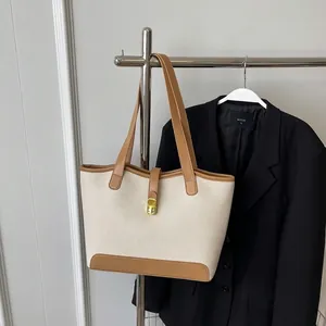 Women Large Capacity Lychee Grain PU Leather Tote Bag Contrast Color Professional Work Commuter Shoulder Bag With Metal Turn Lock