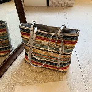 Bohemian large capacity colorful striped woven tote bag with silver eyelet straps for beach