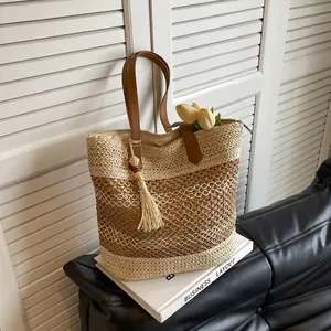 Fashion Women Large Straw Tote Bag Hollow Woven Beach Vacation Shoulder Bag With Tassel PU Handle Striped Straw Bag