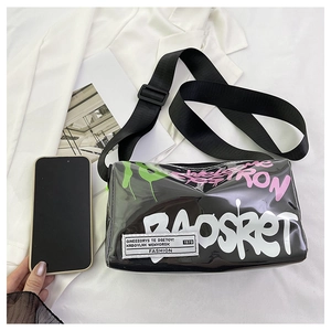 Detail of black graffiti crossbody jelly bag with fashion patch and wide nylon strap
