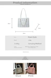 Size chart showing dimensions for the plaid tote bag with height, width, and strap length