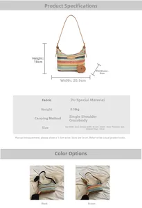 Vue détaillée du sac bandoulière tissé avec dimensions et bandoulière en PU réglable