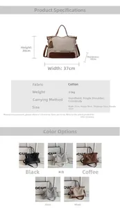 Detailed size chart of the canvas tote bag showing dimensions and five color options