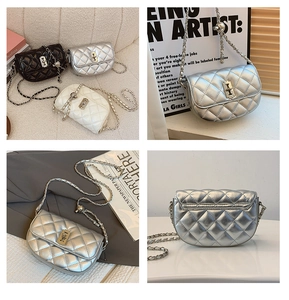 Close-up of diamond quilted texture and metal chain strap on these stylish saddle bags