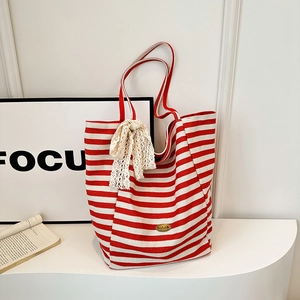Large Capacity Canvas Tote Bag For Women Red White Striped Handbag With Lace Bow Shoulder Bag For Shopping School Daily Use