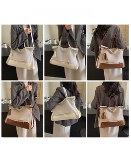 Detailed views of a large tote bag with canvas body, faux leather trim and tassel accent