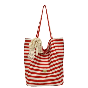 Large red and white striped canvas tote bag with lace ribbon and handmade metal tag