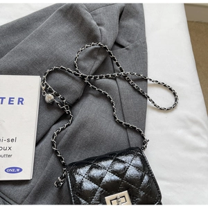 Detailed view of silver buckle and metal ball on black quilted leather chain bag