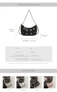 Detailed size chart for black PU half-moon shoulder bag with silver chain and butterflies