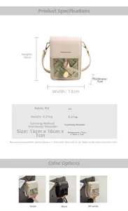 Detailed spec sheet showing small woven crossbody bag dimensions and color options