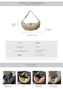 Detailed size and color chart for large canvas dumpling bag with dimensions and specs