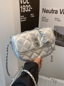 Women Fashion Quilted PU Leather Crossbody Bag Silver Black Cream White Chain Shoulder Bag With Adjustable Metal Ball Lock