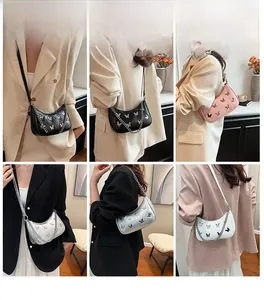 Six-grid collage showing various colors of stylish moon-shaped crossbody bags on models