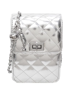 Sliver quilted mini crossbody bag with chain strap and metallic finish on white background