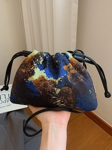Vintage Oil Painting Print Bucket Bag For Women Abstract Art PU Leather Drawstring Crossbody Bag Versatile Shoulder Bag