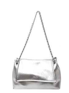 Silver metallic chain shoulder bag with pleated texture and minimalist flap design