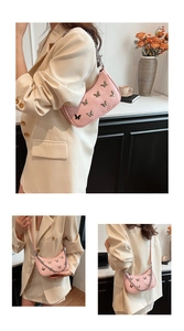 Detailed views of a pink butterfly shoulder bag with silver chains on a model