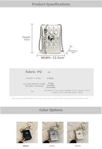 Quilted mobile phone bag with adjustable metal chain strap and heart-shaped silver clasp