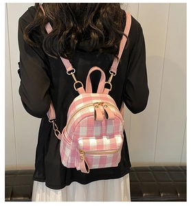 Detail of pink and white checkered mini backpack with gold hardware on a model back