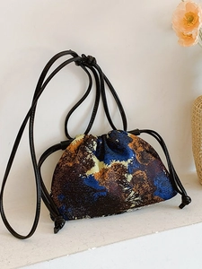 Artistic oil painting bucket bag with drawstring closure and slim shoulder strap