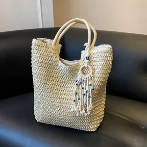 Bolso Tote de Paja Tejida para Mujer Gran Capacidad Bolso de Hombro de Playa Con Colgante de Borla Ojo Turco Moda de Verano Viaje