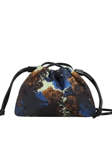 Artistic oil painting style drawstring bucket bag with abstract patterns and black straps