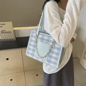 Fashion Plaid Large Capacity Tote Bag For Women Casual Commute Shoulder Bag With Floral Metal Chain Fabric Handbag