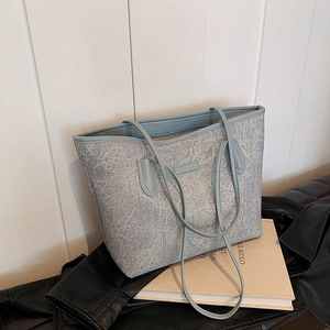 Minimalist large capacity tote bag with light blue marble print for summer daily commute