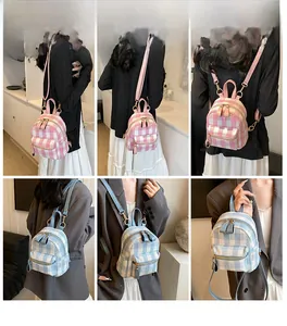 Collage of checkered mini backpack showing crossbody and shoulder carrying styles