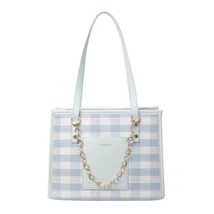 Large capacity blue and white plaid tote bag with gold floral chain and front pocket