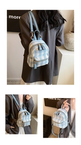 Detailed views of a mini blue checkered backpack with light blue leather straps