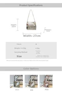Detailed size chart and multi-color view of Chinese style embroidered tote bag with tassel