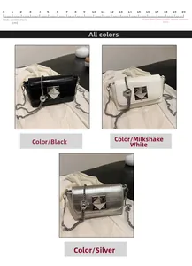 Detailed size view of square chain bags in black, white, and silver with metal locks