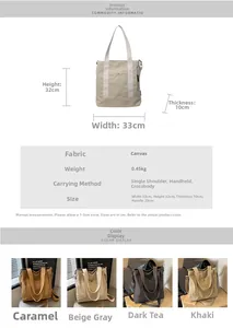 Detailed dimension guide for large canvas tote bag with size specs and strap height