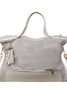 Large beige canvas tote bag with faux leather trim and tassel for daily commute