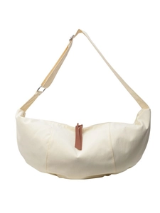 Off-white canvas crescent crossbody bag with brown leather zipper and adjustable strap