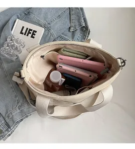 Top view of large canvas tote bag showing spacious interior with tablets and accessories