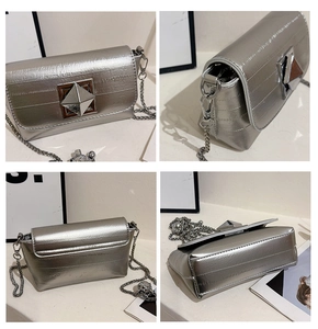 Detail showing metallic silver crossbody bag with pyramid buckle and chain strap