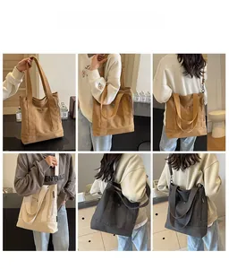 Detailed views of high-capacity canvas tote bag in khaki, beige, and dark grey colors