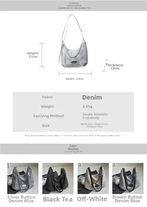 Detailed size chart and specifications of large capacity denim hobo bag for women