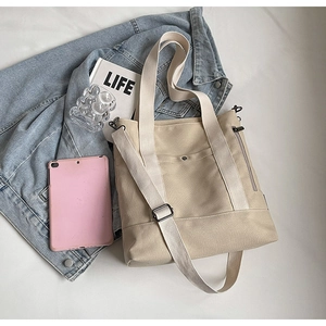Detail view of a beige canvas tote bag with wide straps and functional side zipper