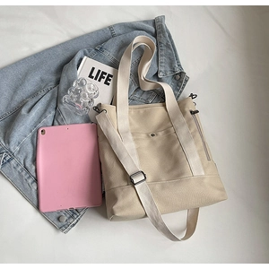Flat lay of beige canvas tote bag with metal snap pocket and adjustable shoulder strap