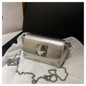 Detail of silver chain bag featuring a large gold pyramid stud buckle and metallic texture