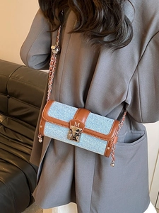 Borsa a Tracolla Cilindrica in Denim con Strass Stile Vintage Cinese per Donna Borsa a Spalla con Catena Argento Marrone Moda Cilindro