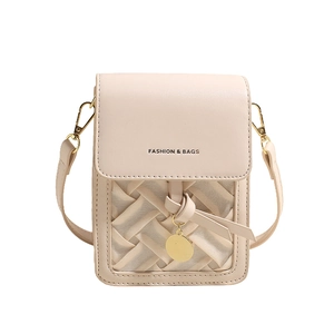 Chic cream woven crossbody phone bag for women with golden pendant and slim strap