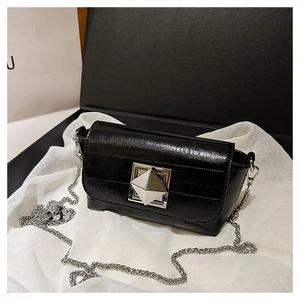 Detail of glossy black patent leather chain bag with silver diamond buckle