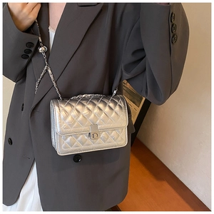Silver metallic quilted crossbody bag worn by model with chain strap and turn-lock
