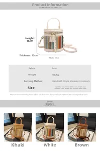 Detailed dimensions and color options for the woven straw bucket bag with strap